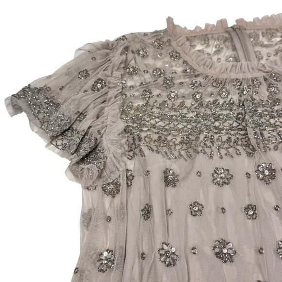 Needle Thread Heavily Beaded Top Sz XS Gray Embellished By Hand Luxury Event - Picture 7 of 16